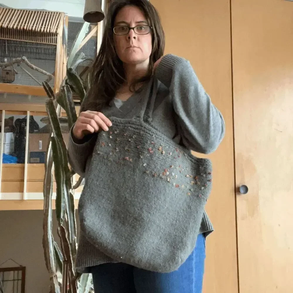 Vintage Hand-Knit Felted Wool Tote Bag w/ Colorful Accents